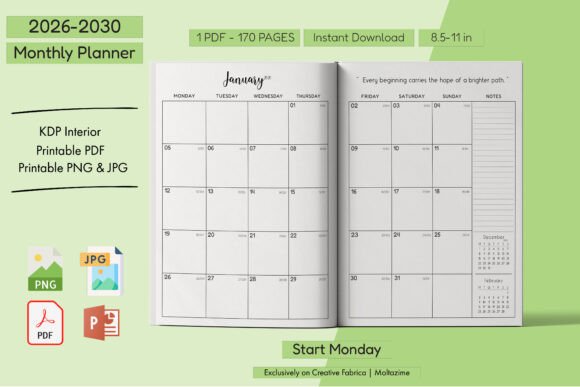 2026–2030 Monthly Planner Start Monday